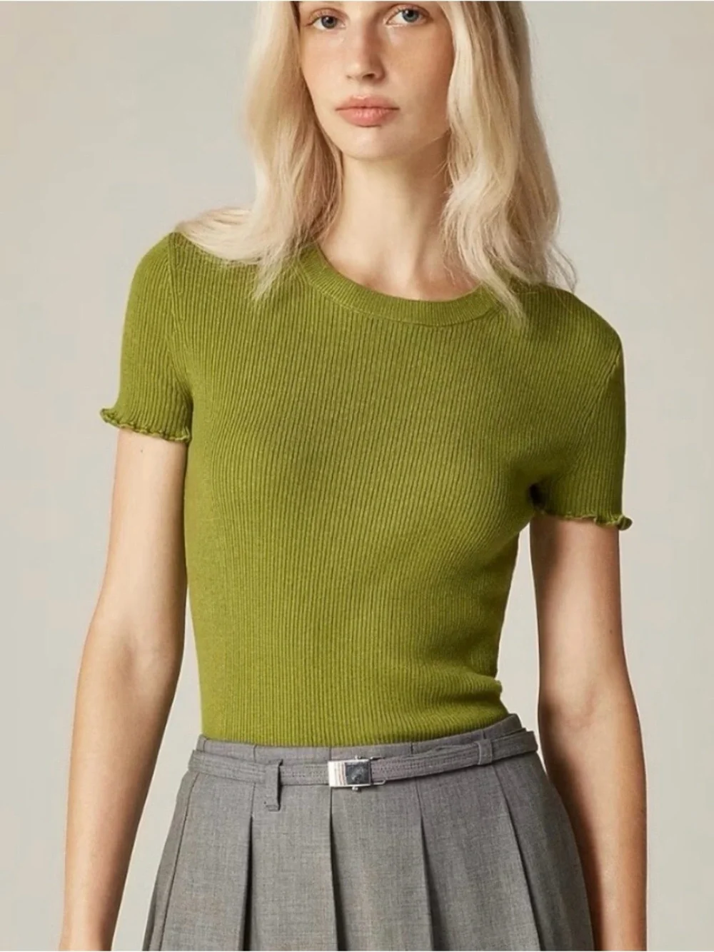 J. Crew Cream Ruffle-trim Ribbed Short Sleeve Tee in Tencil lycrell blend - Picture 8 of 8